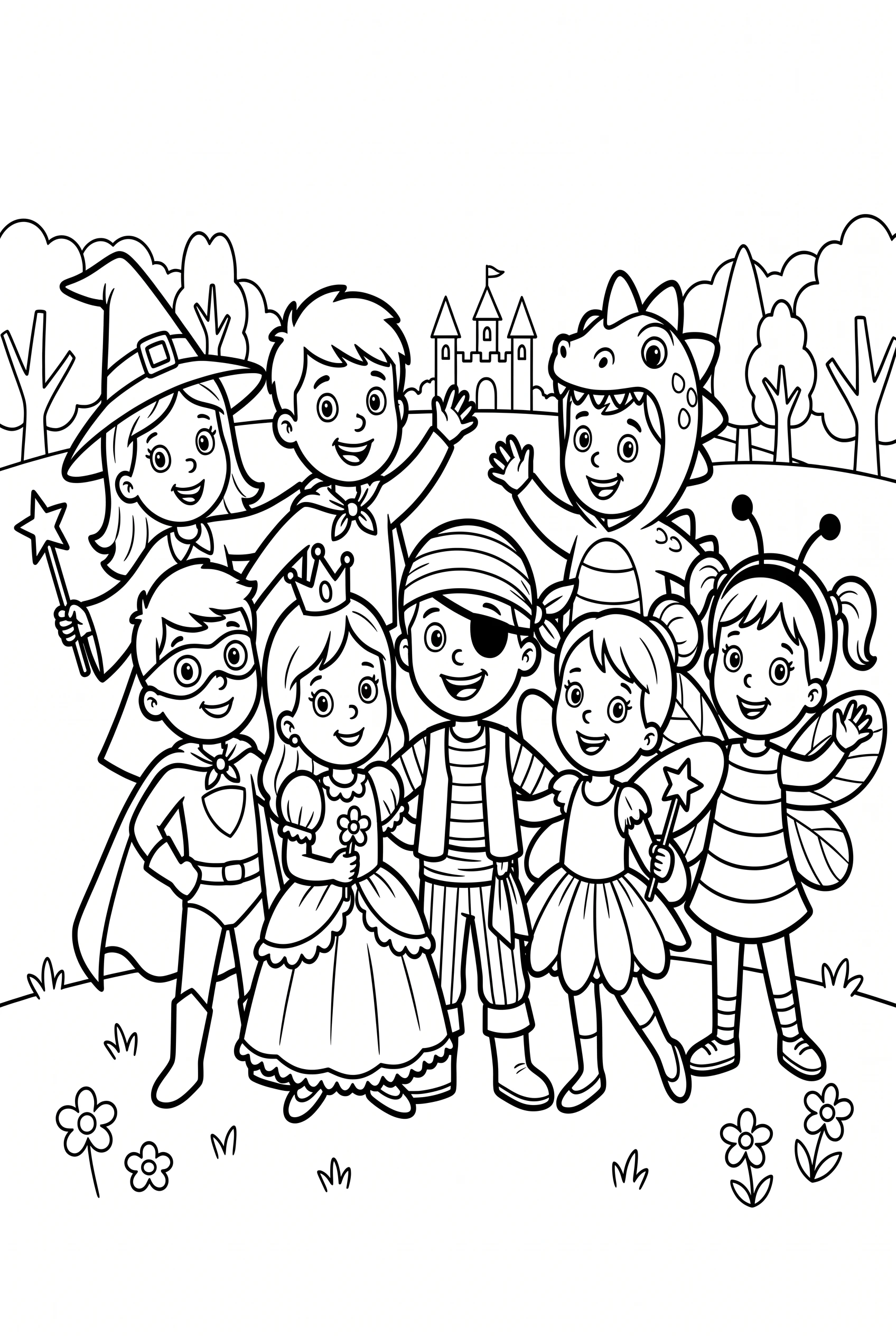 Gruppenfoto-Pose mehrerer verkleideter Kinder Ausmalbild