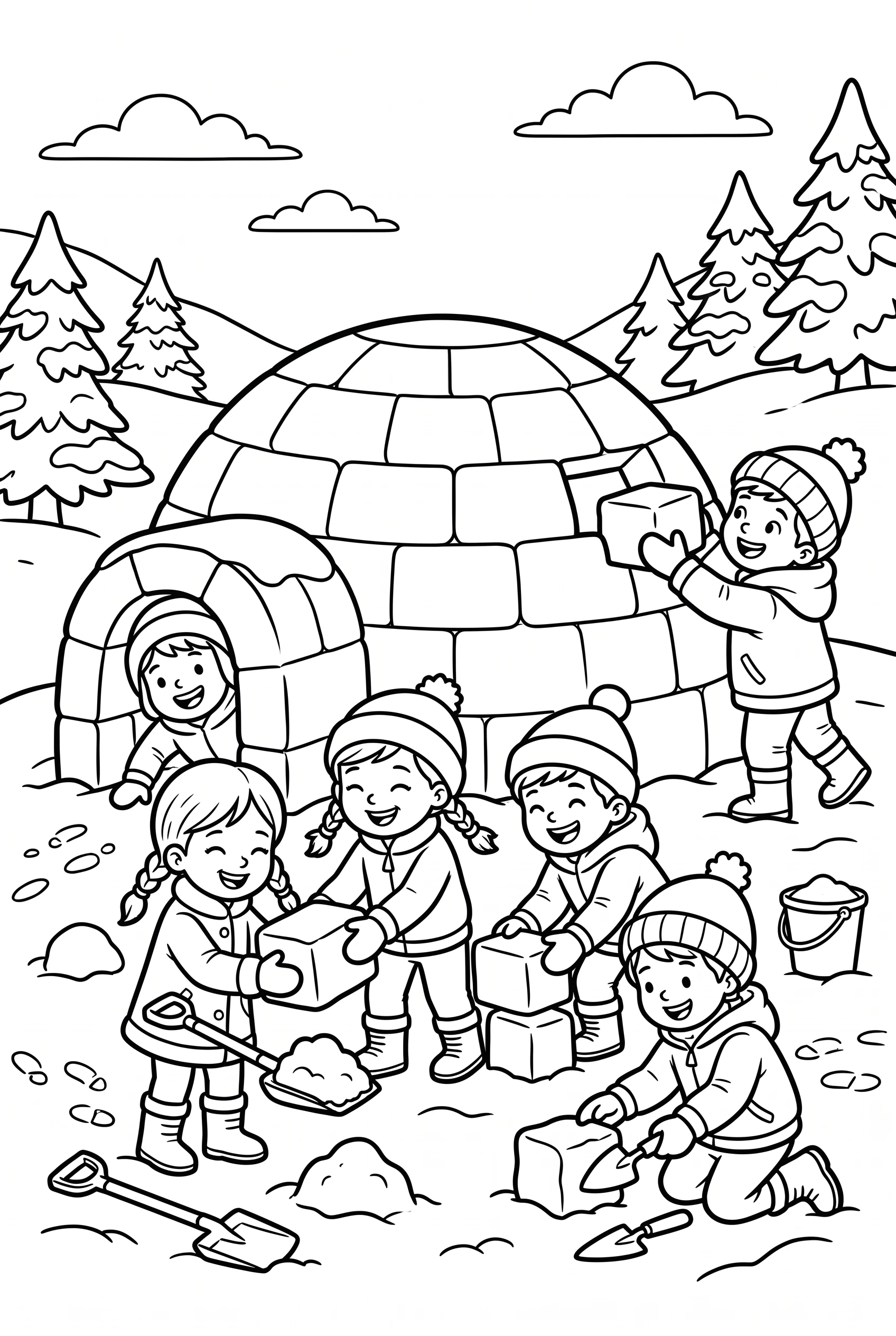 Coloring page of kids building an igloo together