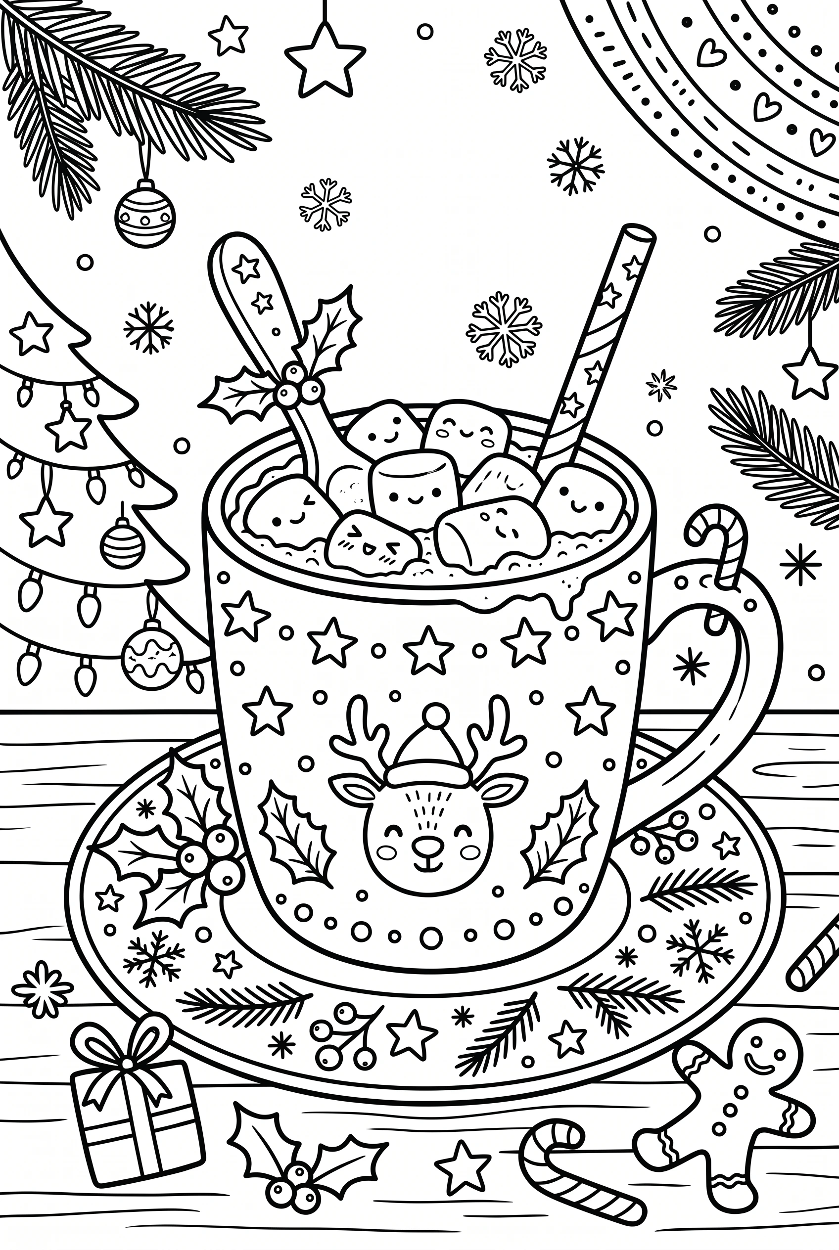 Coloring page of a mug of hot cocoa with marshmallows, decorated for the holidays