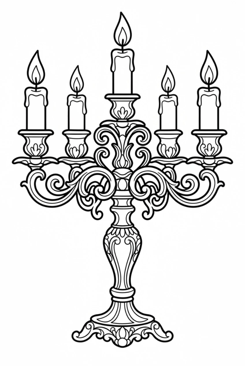 Coloring page of a decorated candle holder with several burning candles