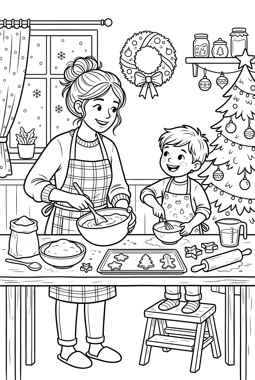 Coloring page of a child baking cookies together with a parent
