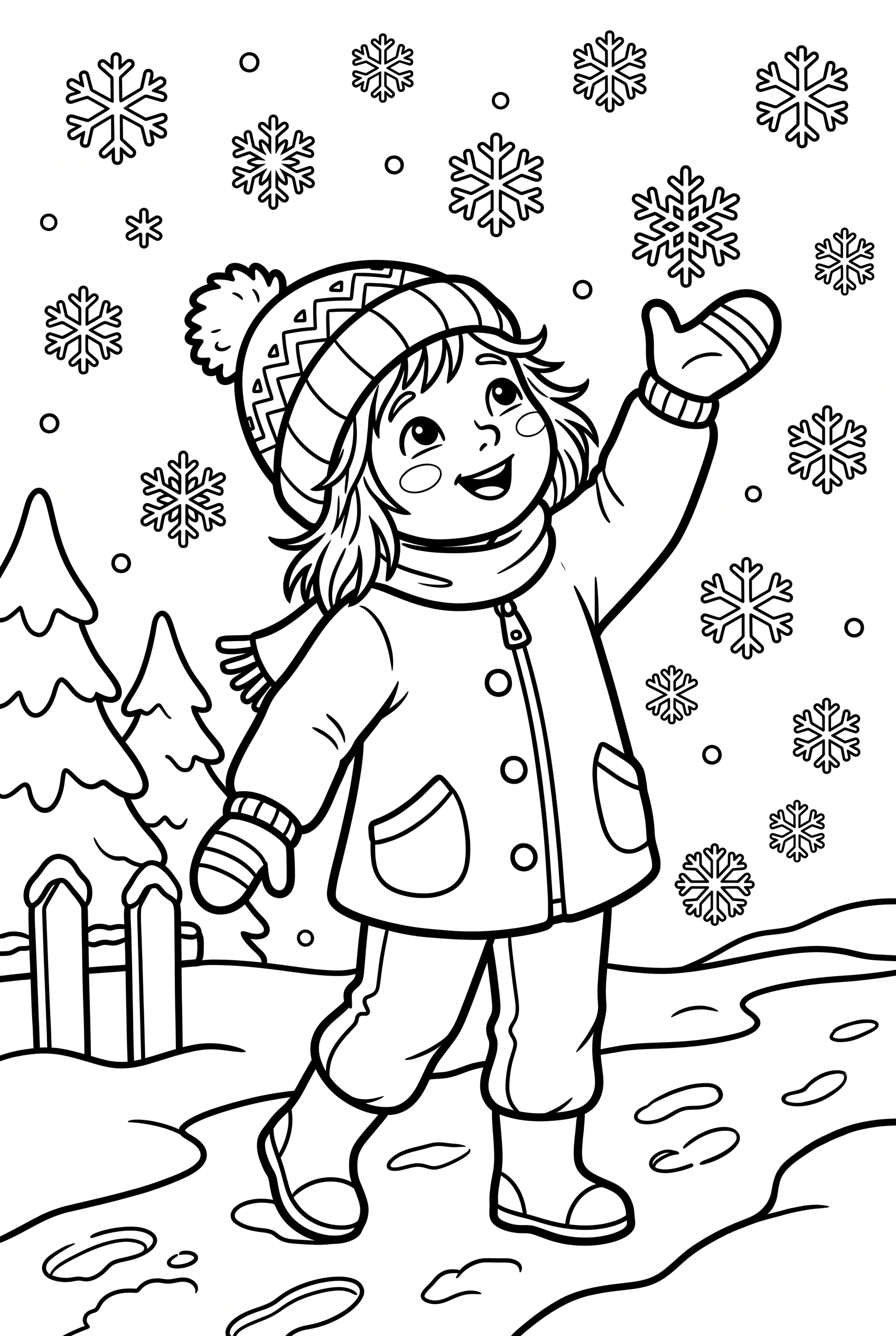 Ausmalbild Kind versucht Schneeflocken mit der Hand zu fangen