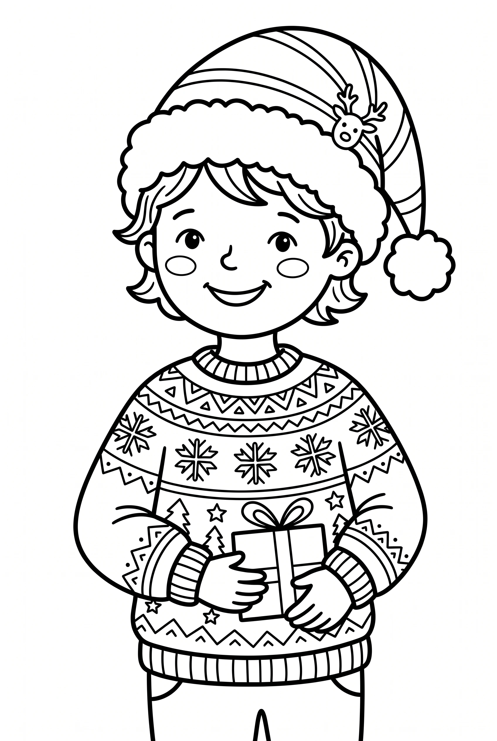 Kid wearing a Christmas hat and sweater coloring page
