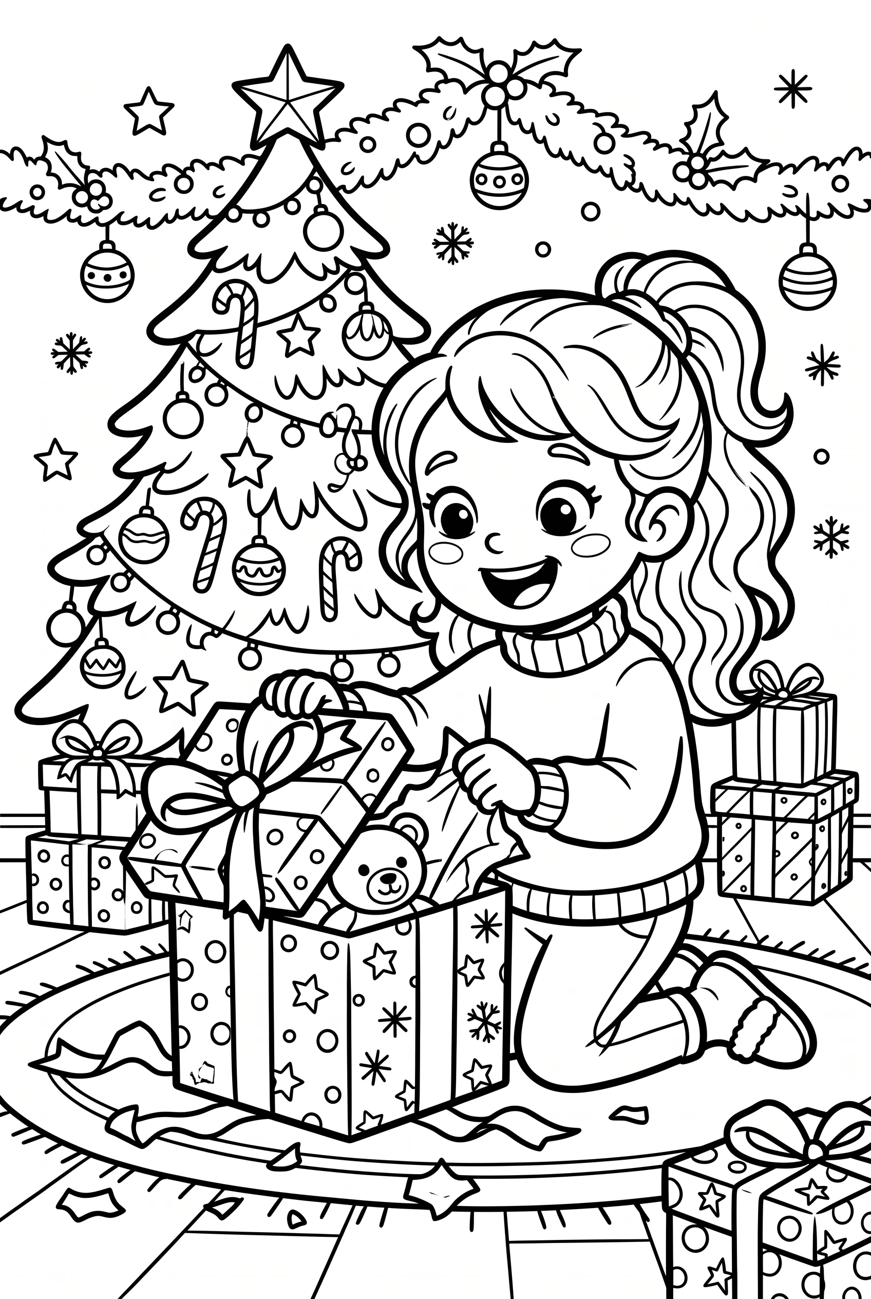 Kid unwrapping a gift coloring page