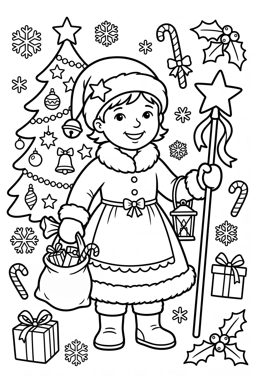 Kind verkleidet als Frau Weihnachten Ausmalbild