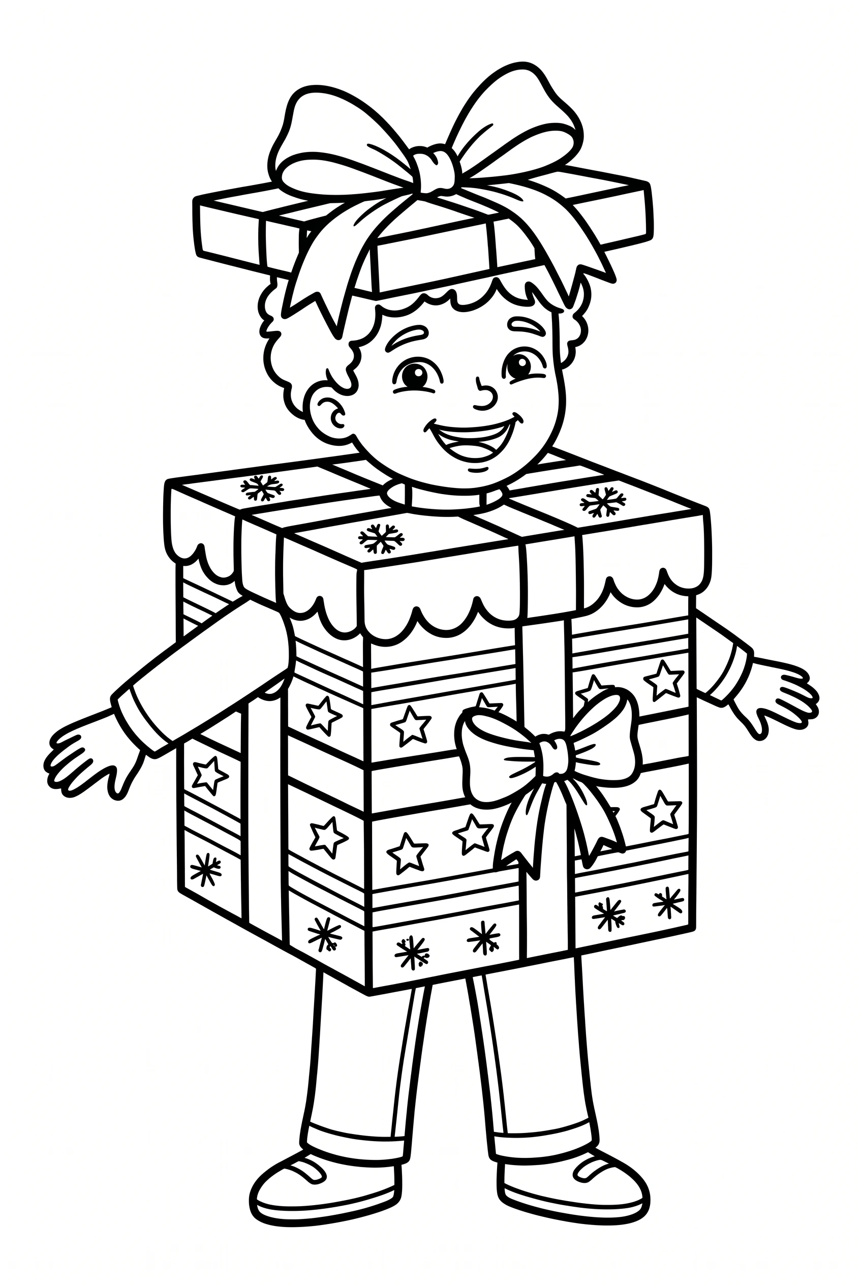 Kid dressed as a gift box coloring page