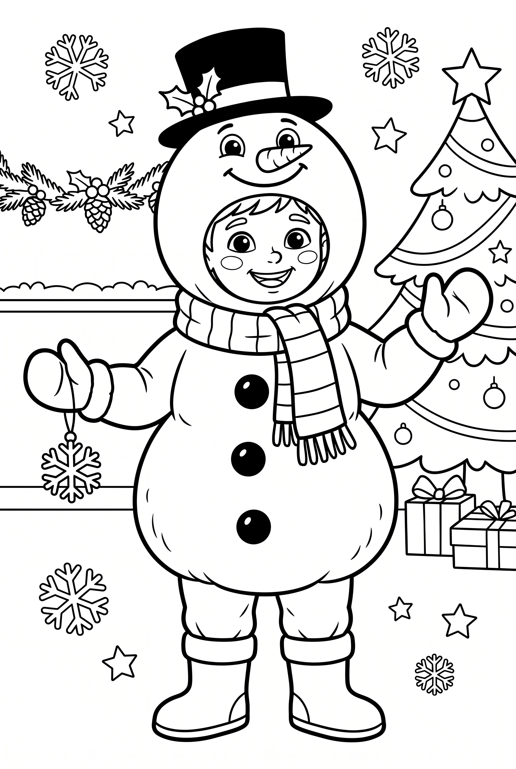 Kid dressed as a snowman coloring page