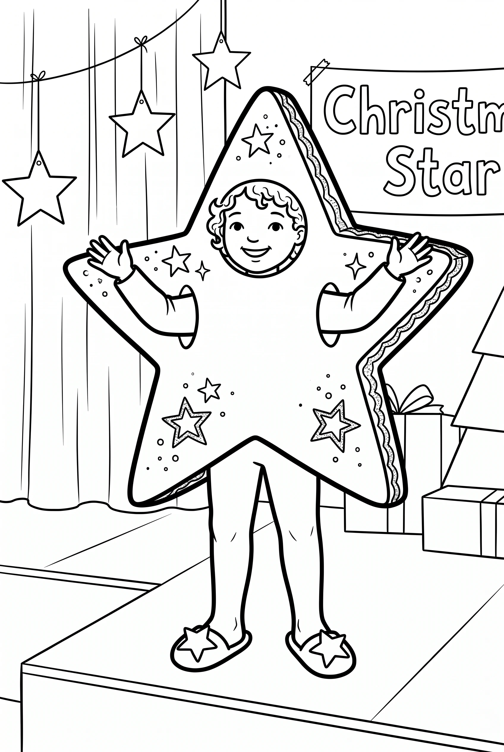 Kid dressed as a sparkling Christmas star coloring page