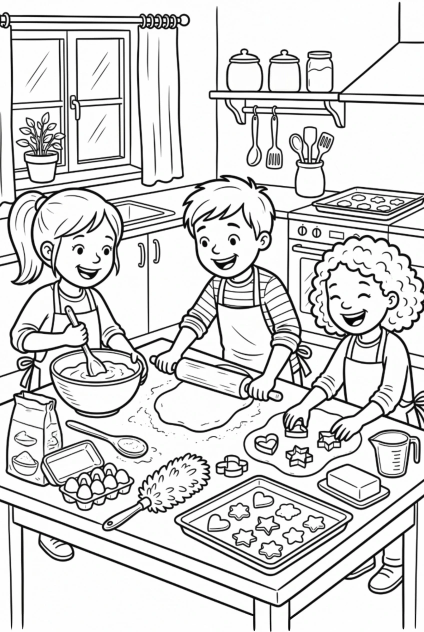 Ausmalbild mehrere Kinder backen gemeinsam am Küchentisch