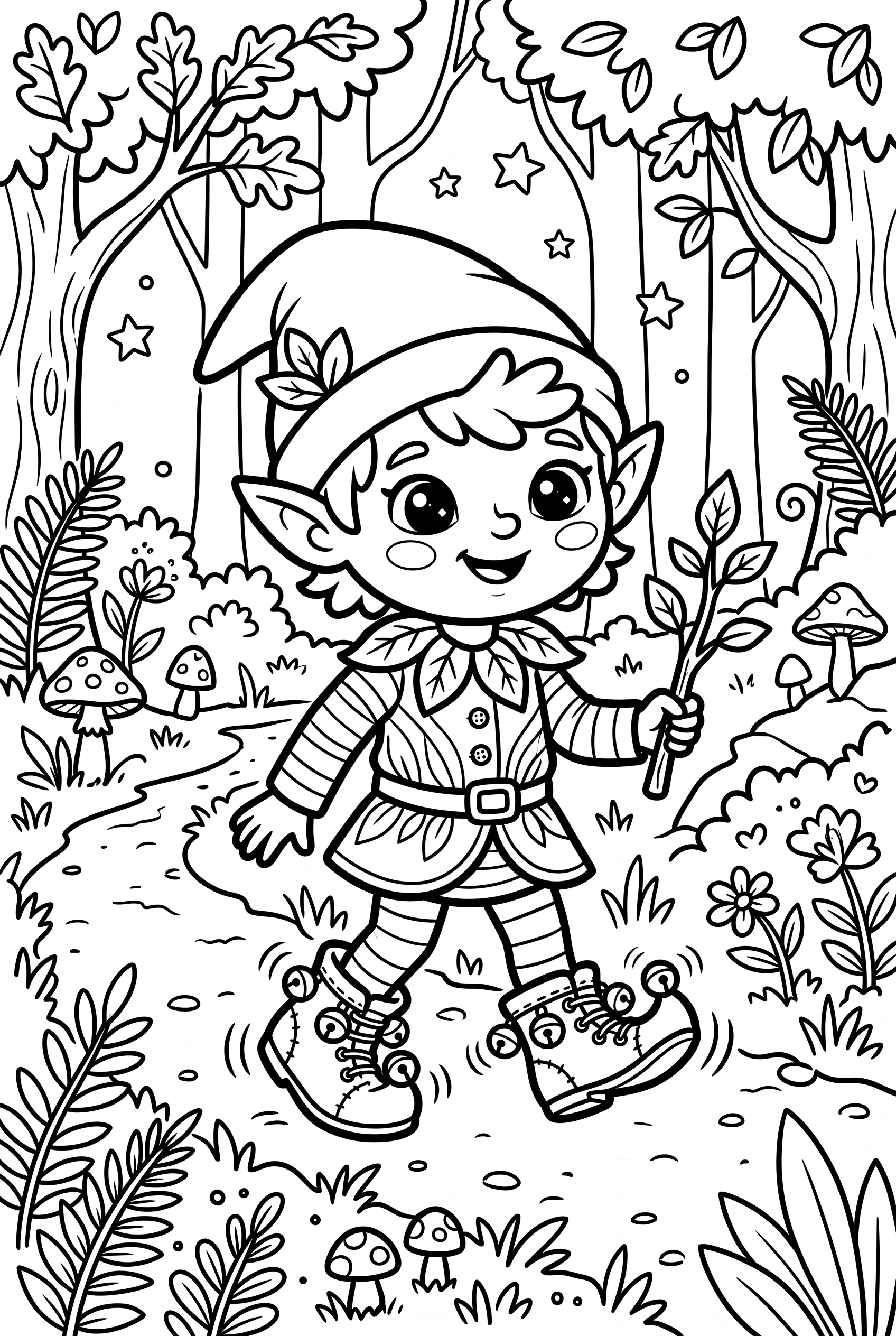 Kleiner Elf mit Glöckchen-Schuhen Ausmalbild
