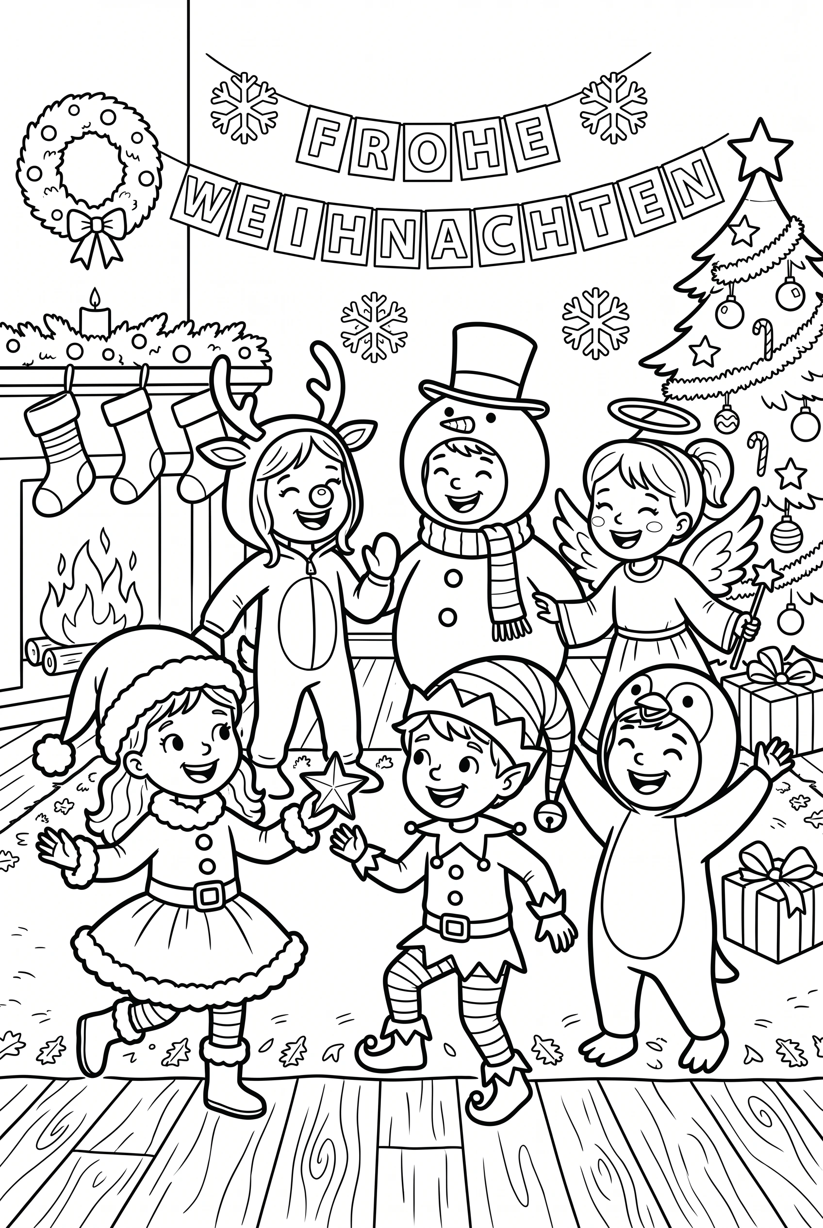 Costume party scene with several kids coloring page