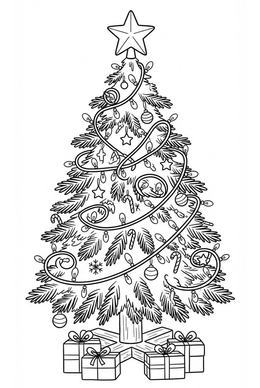 Ausmalbild Lichterkette schlängelt sich um den Weihnachtsbaum