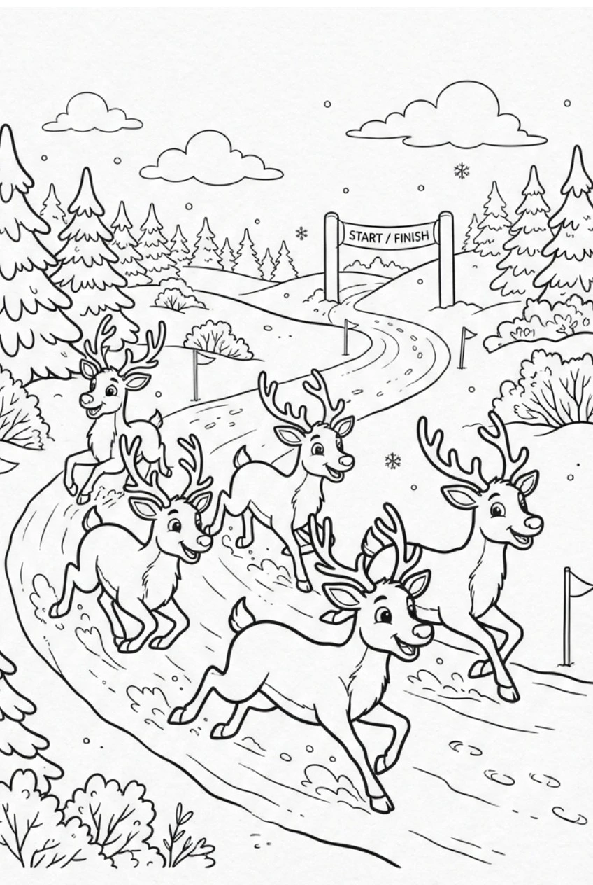 Several reindeer racing coloring page free print