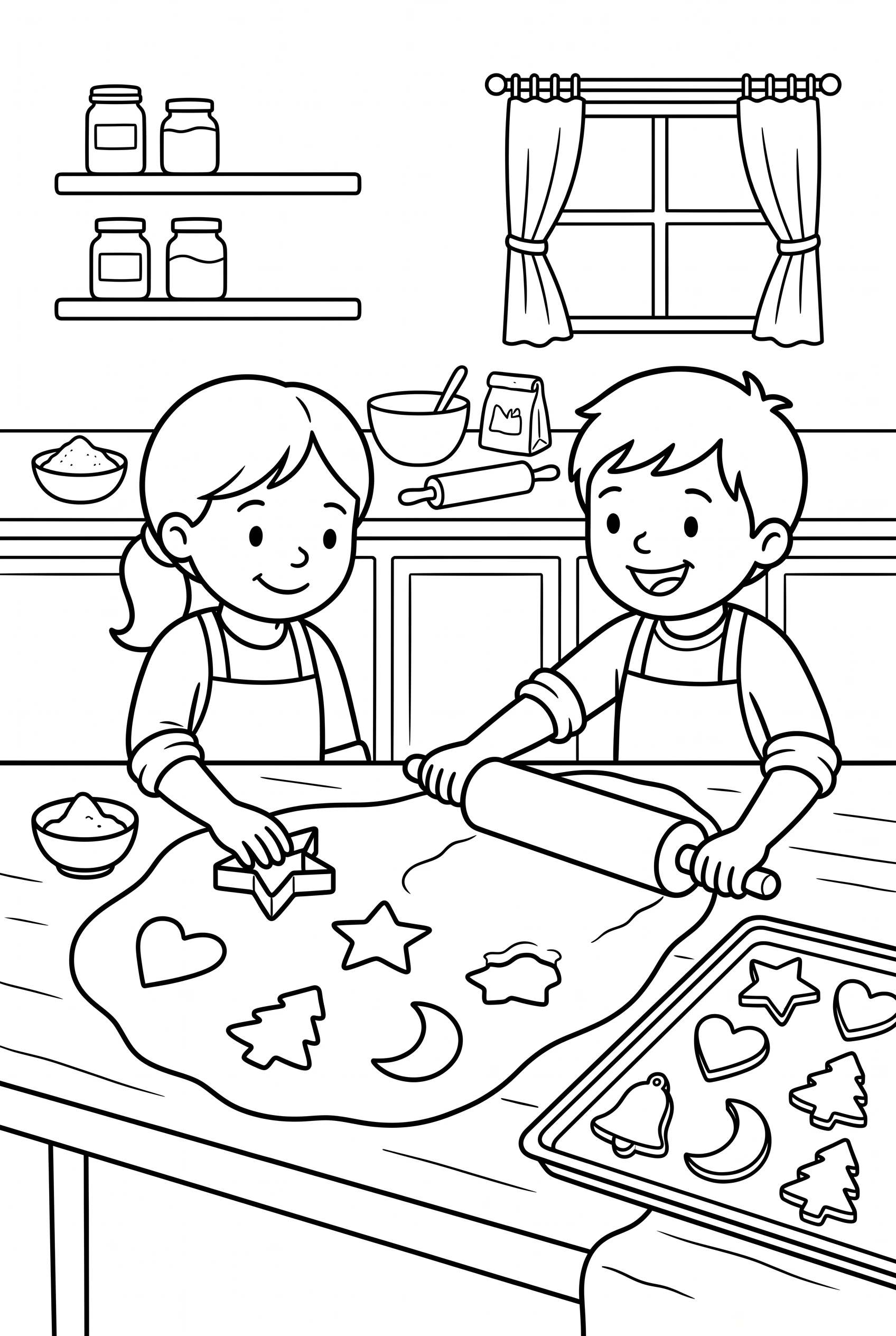 Coloring page of cookies being cut out with a rolling pin and cookie cutters