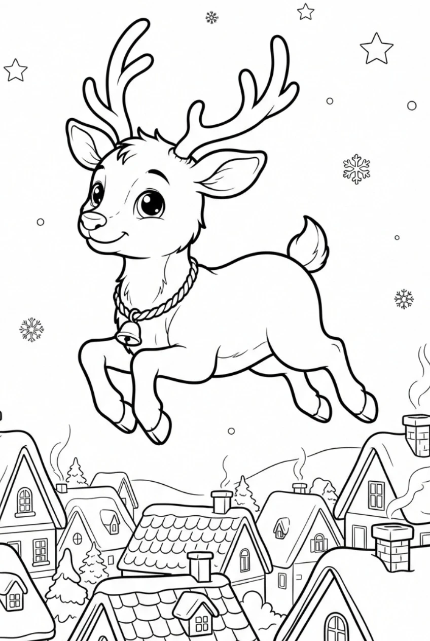 Reindeer flying over snowy rooftops coloring page free print