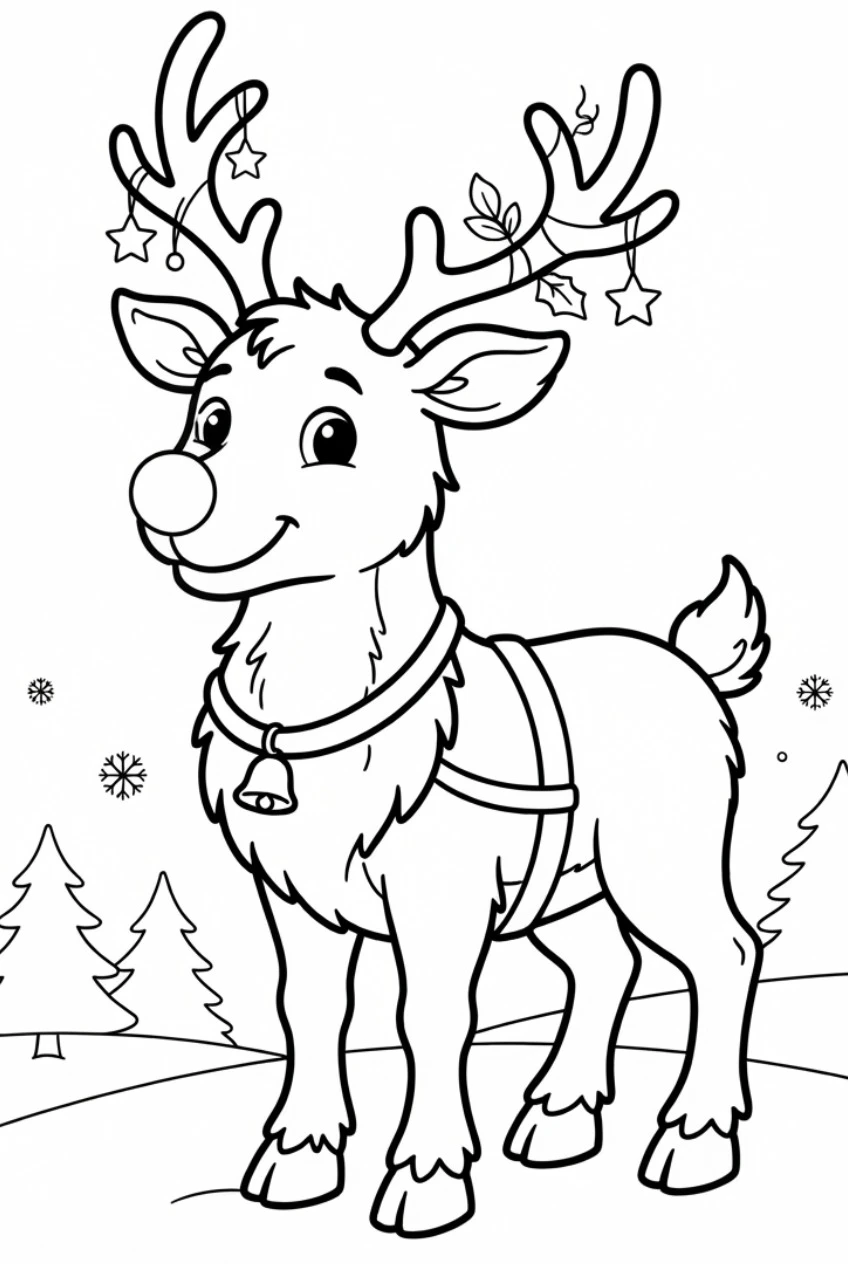 Reindeer with a glowing red nose coloring page free print