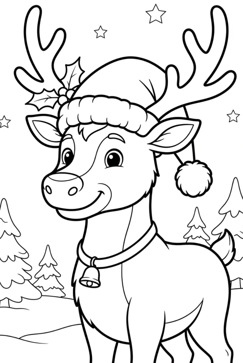 Reindeer wearing a christmas hat coloring page free print