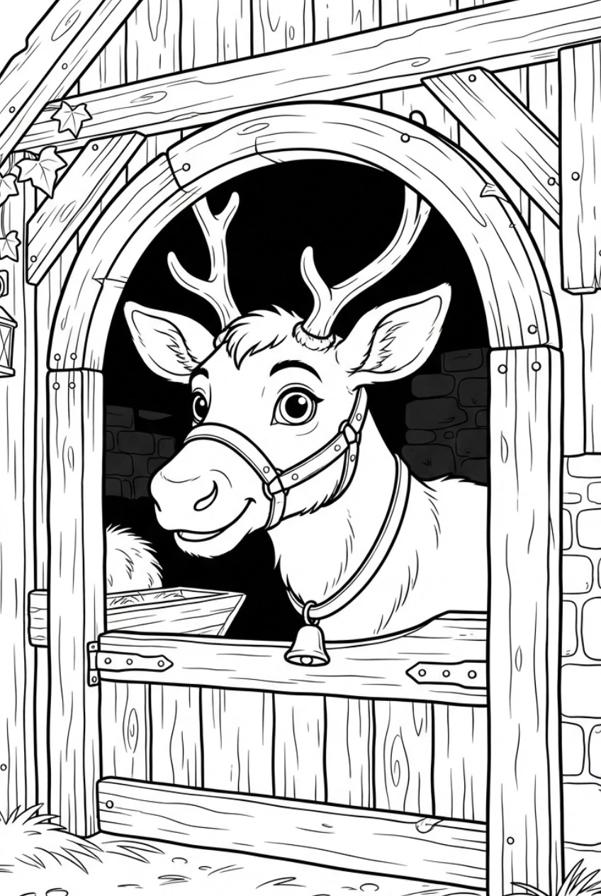 Reindeer peeking out of a barn coloring page free print