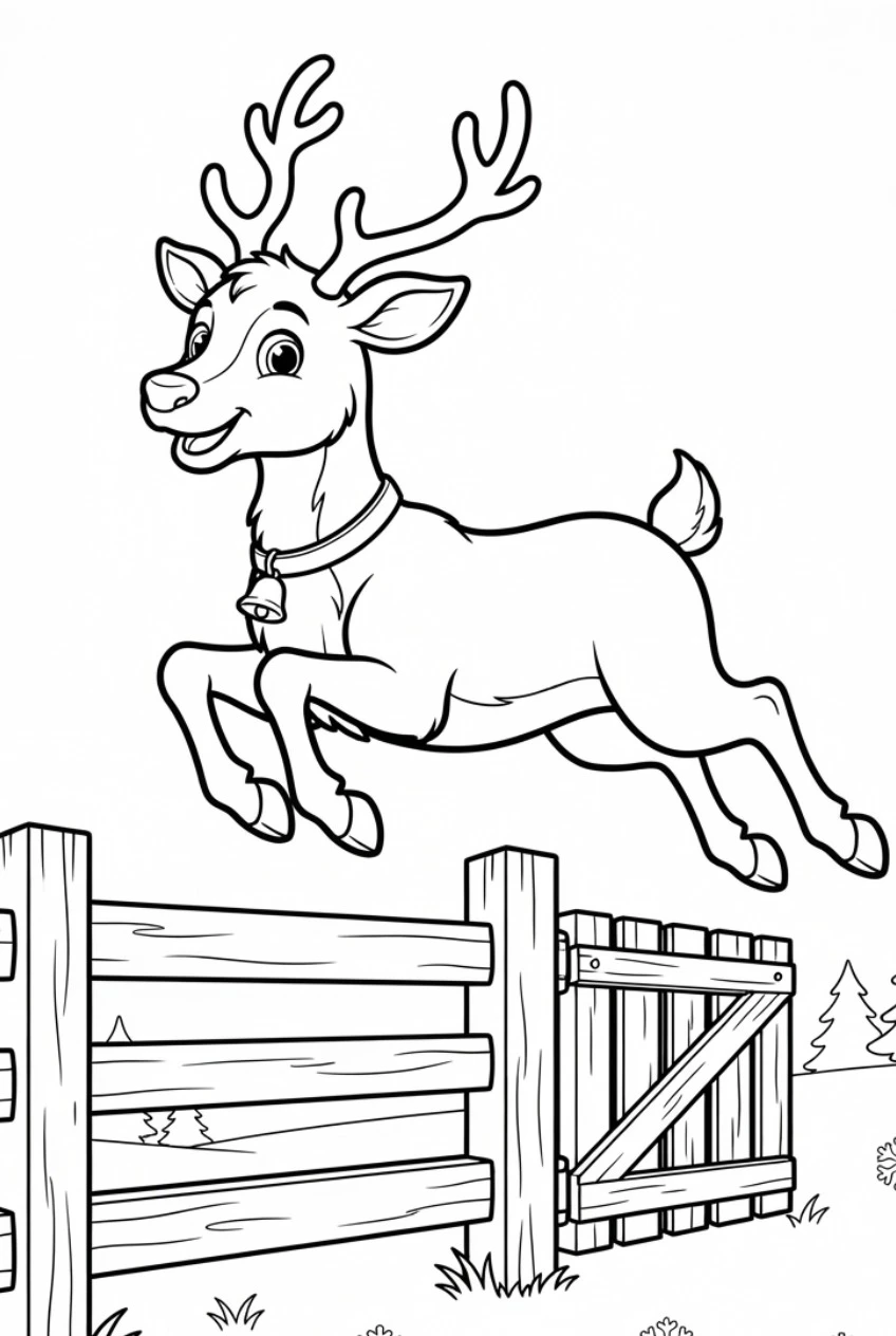 Reindeer jumps over a fence coloring page free print