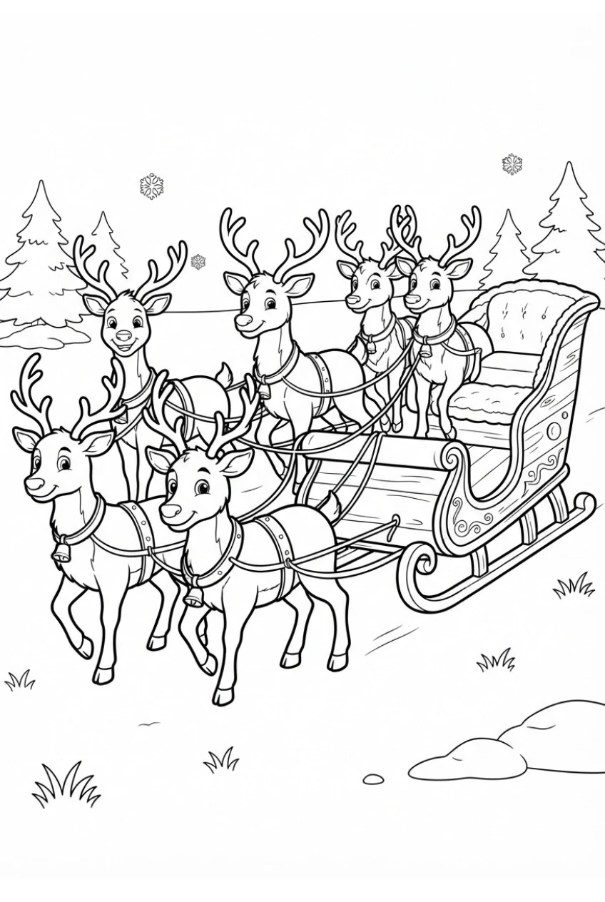 Reindeer team in front of the sleigh coloring page free print
