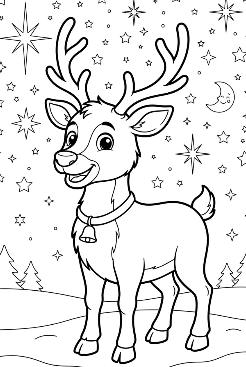 Reindeer under a starry sky coloring page free print