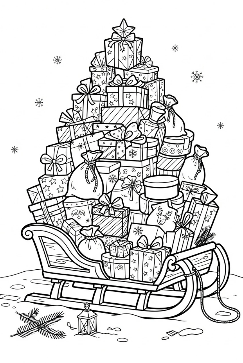 Sleigh loaded with a mountain of gifts coloring page free print
