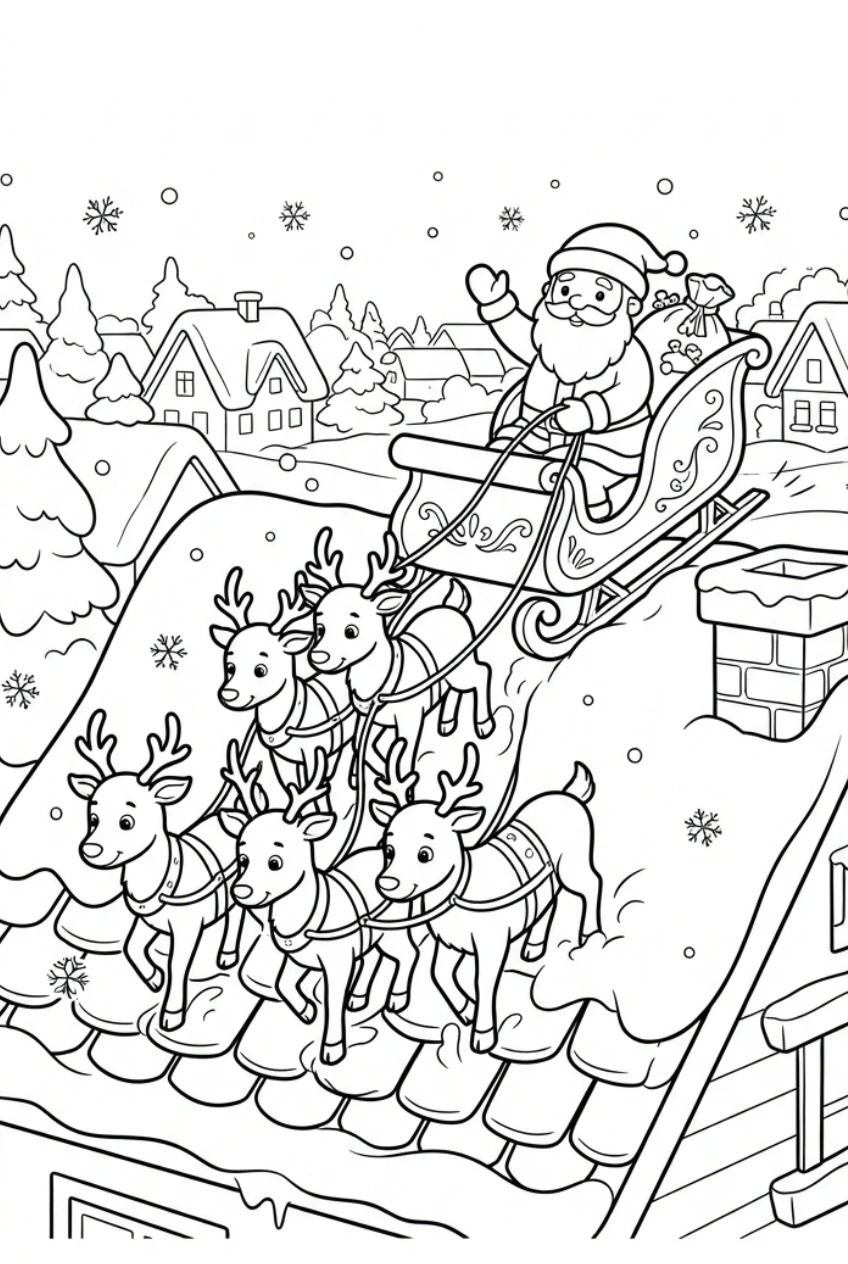 Sleigh landing on a snowy roof coloring page free print