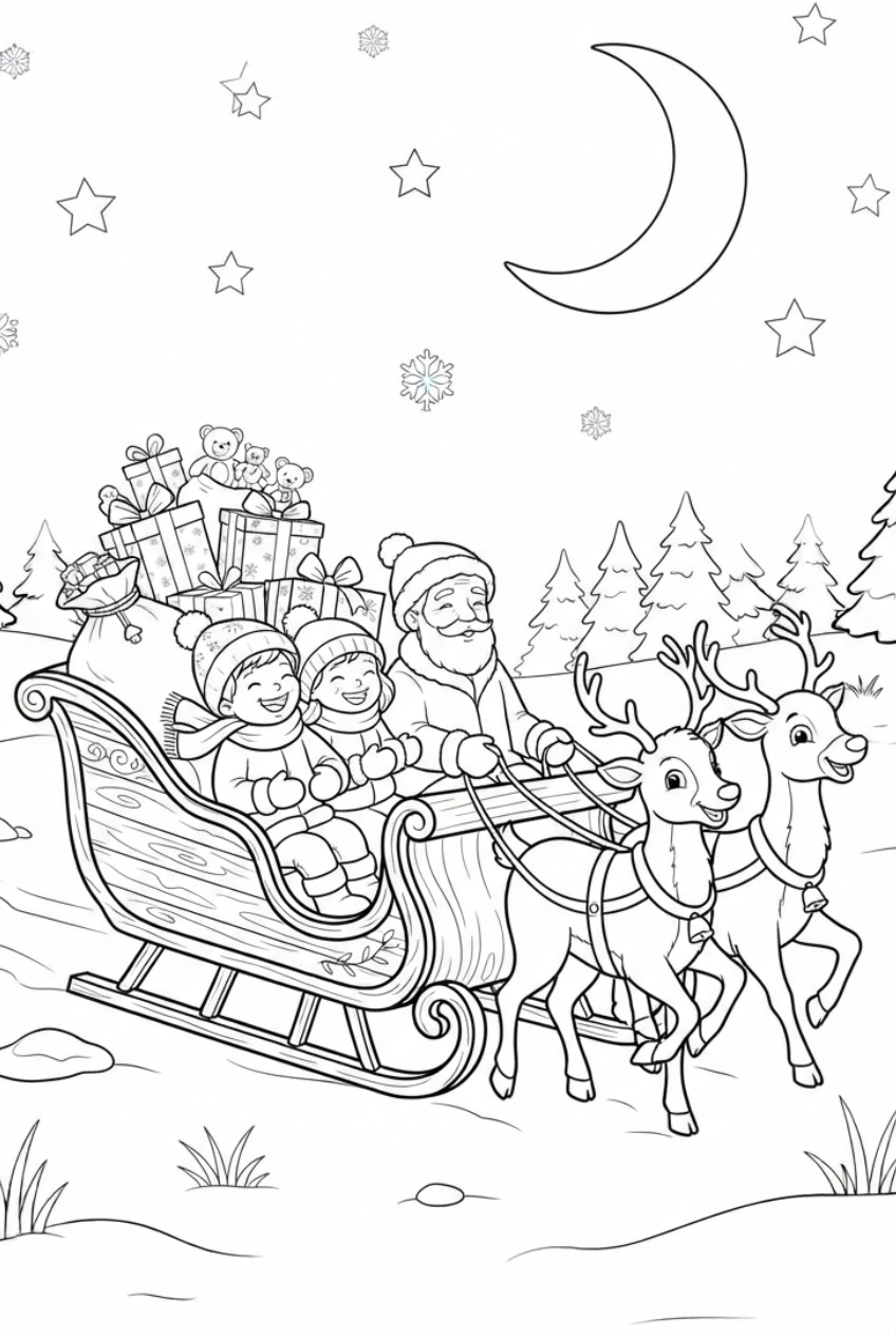 Nighttime sleigh ride scene coloring page free print