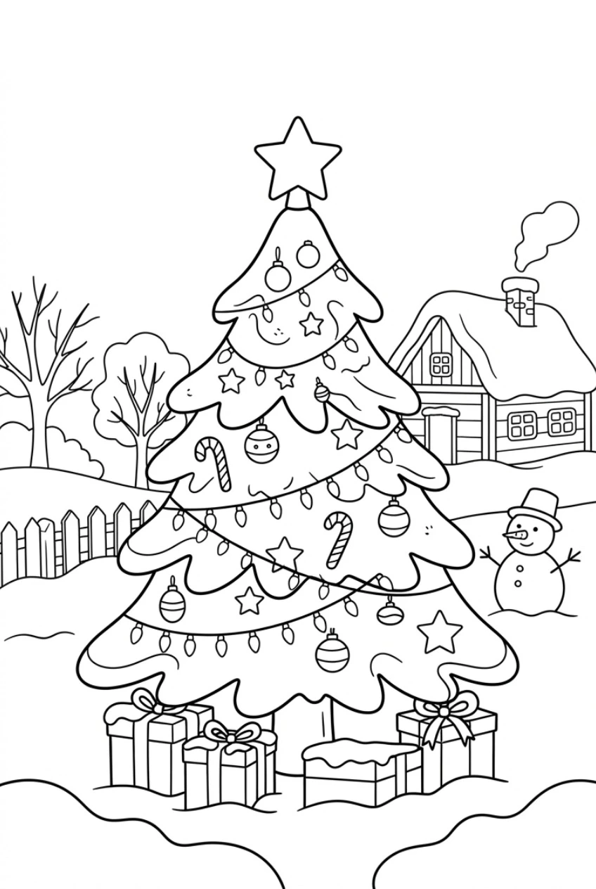 Coloring page of a snow-covered Christmas tree outside in front of a house