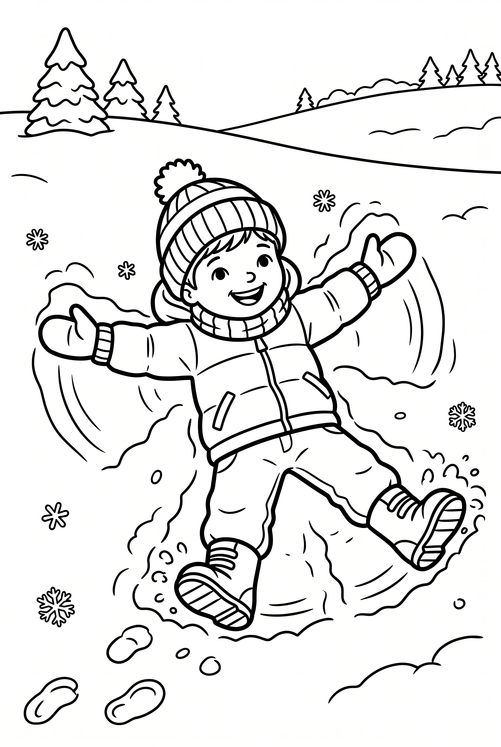 Ausmalbild Kind macht einen Schneeengel im frischen Schnee