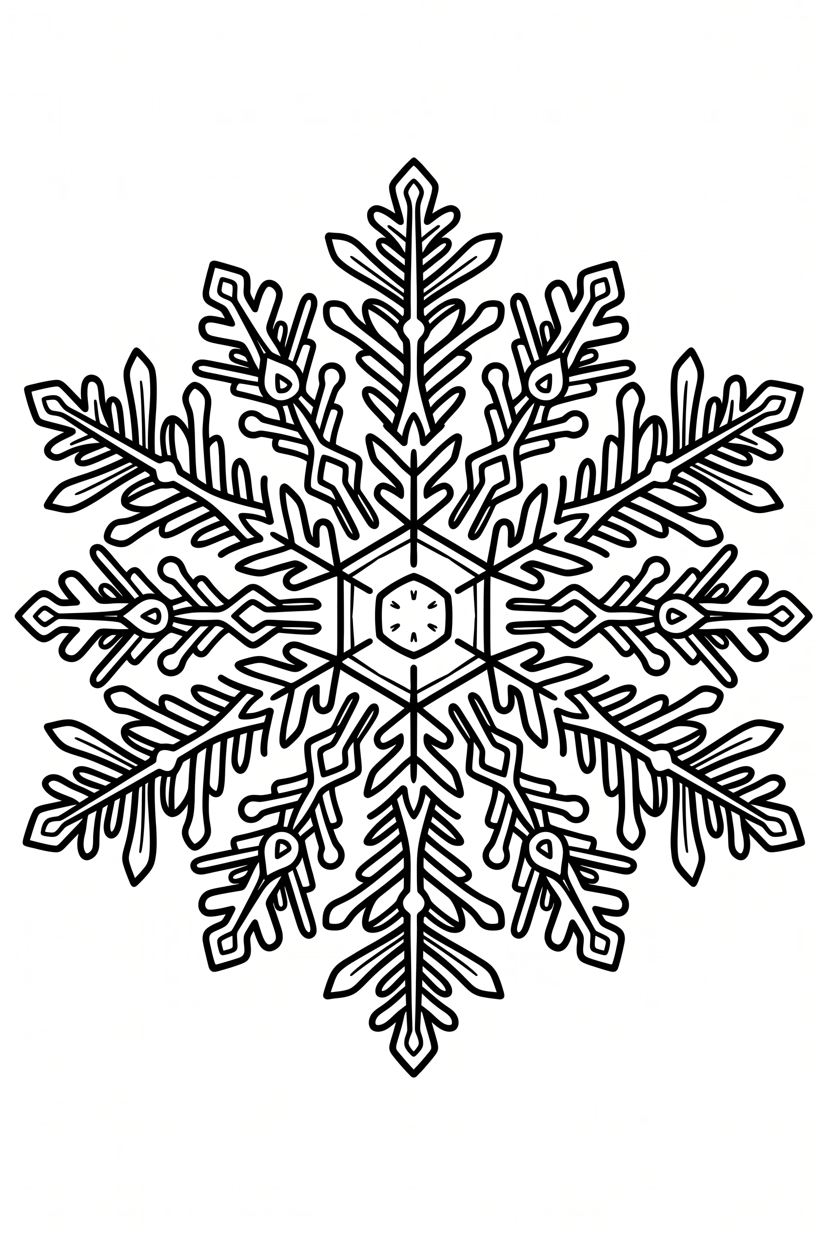 Coloring page of a single snowflake in detailed close-up