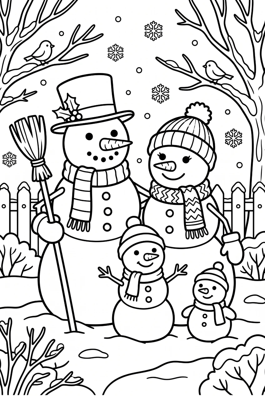 Coloring page of a whole snowman family standing in the yard