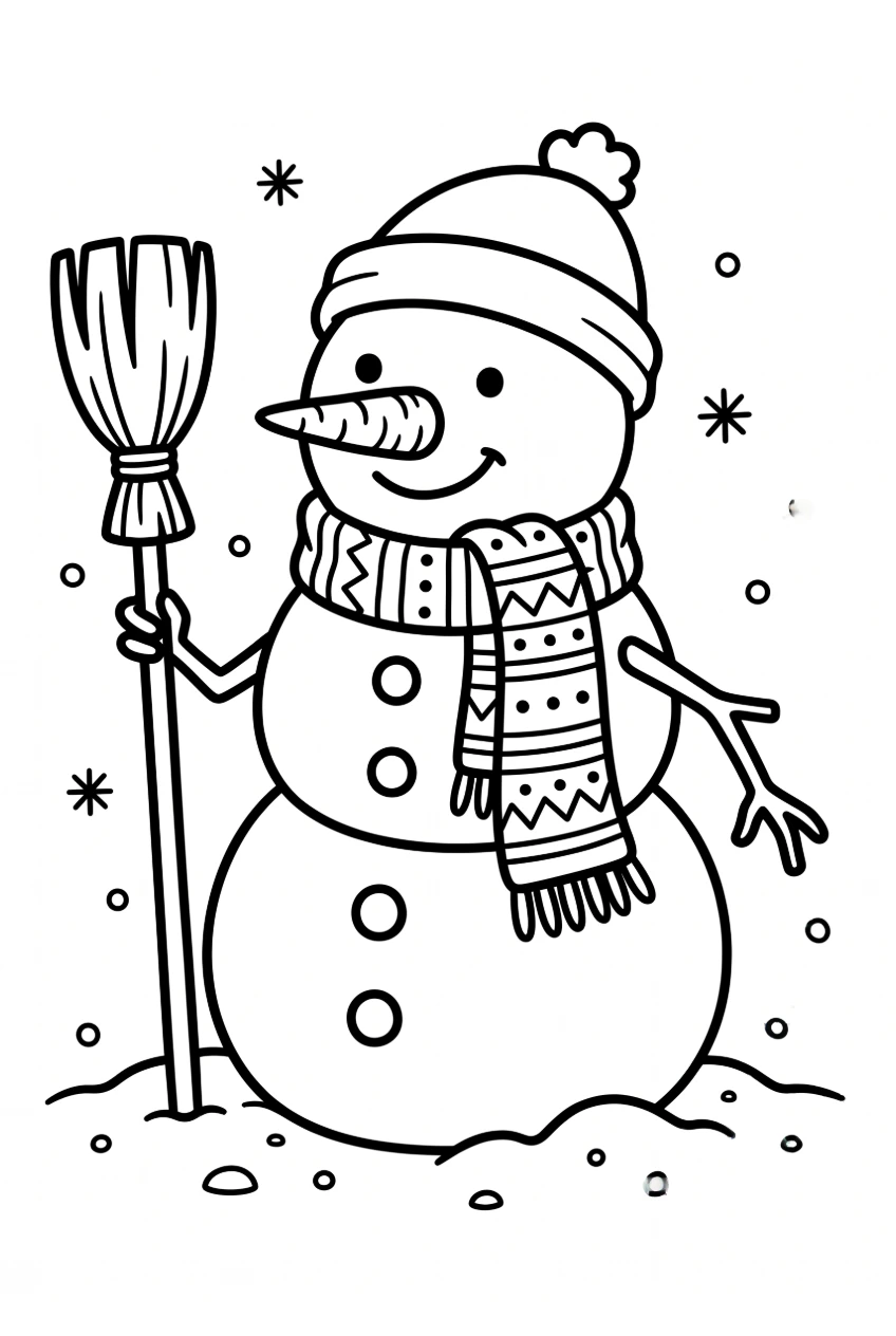 Coloring page of a snowman with a colorful scarf and carrot nose