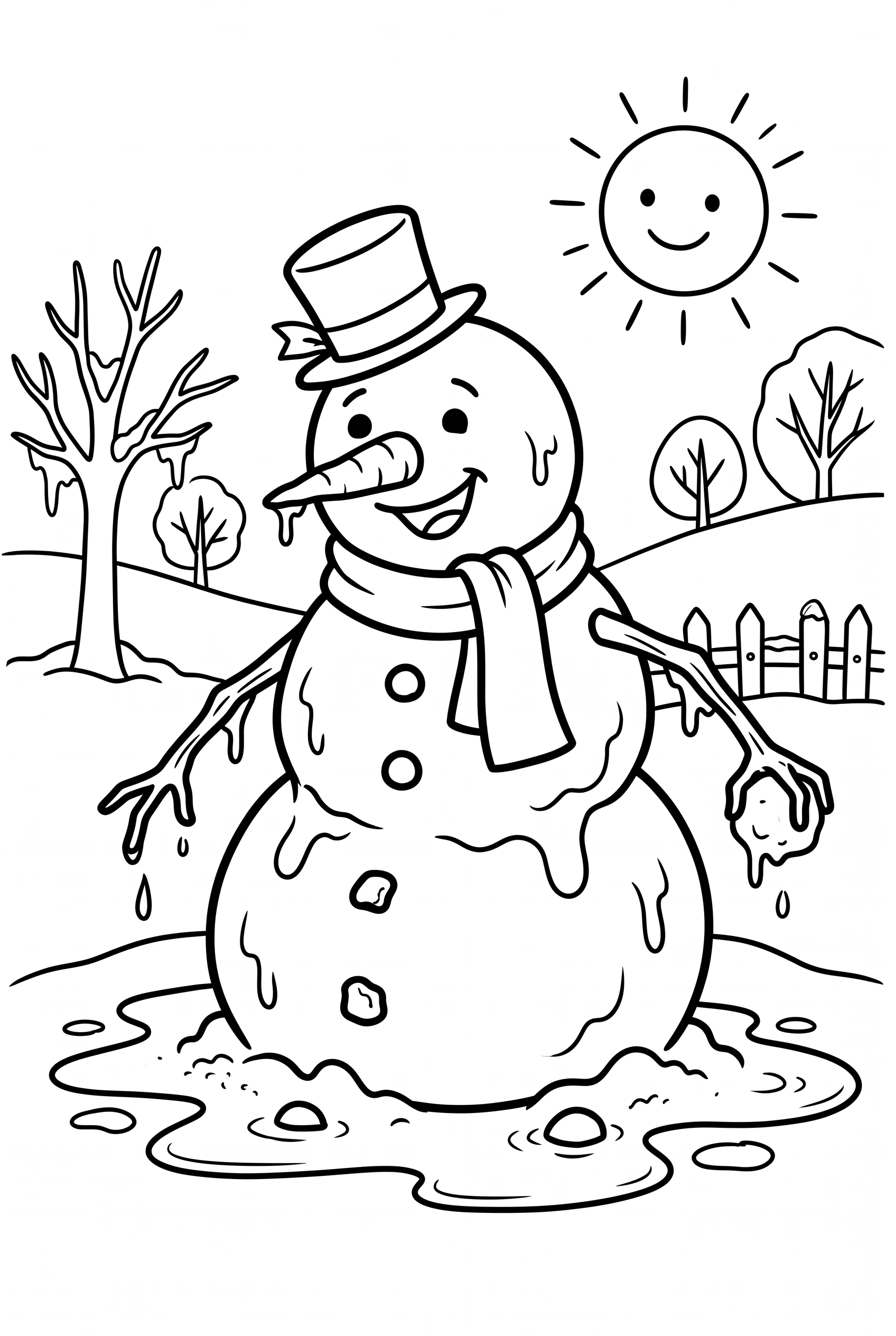Funny melting snowman coloring page with a silly expression