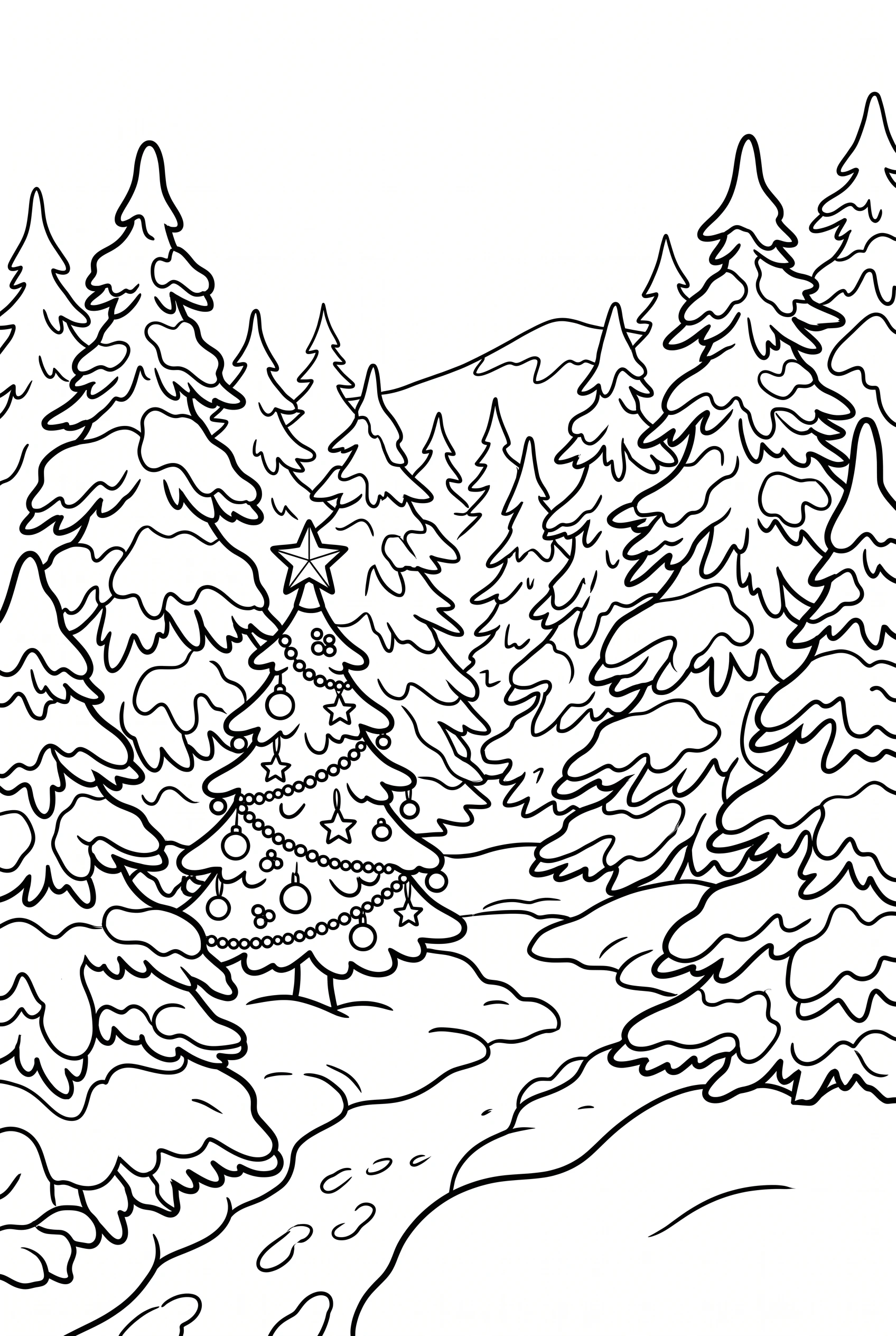 Ausmalbild ruhiger, tief verschneiter Winterwald mit kleinem Weihnachtsbaum