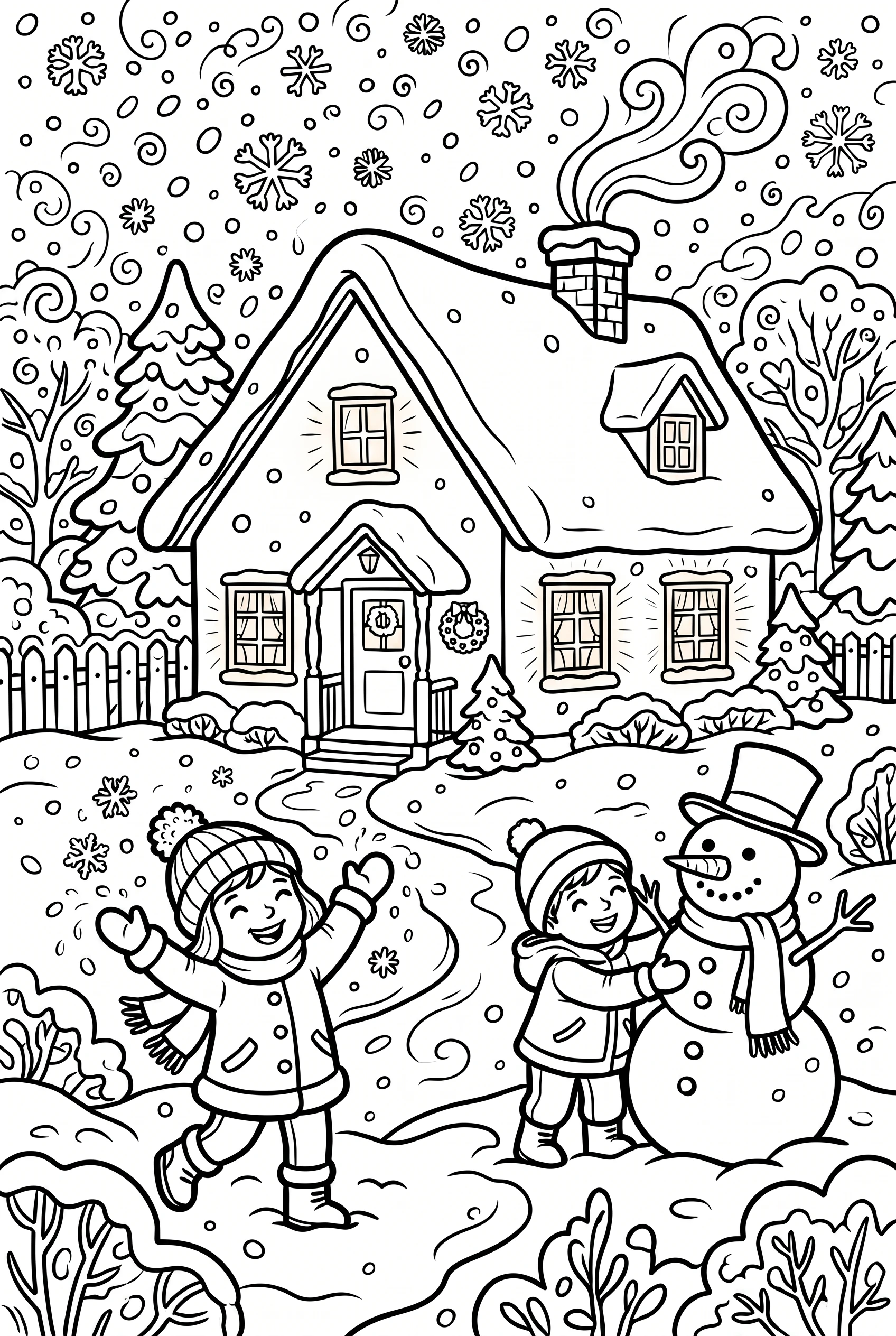 Playful snowstorm scene with swirling snowflakes coloring page