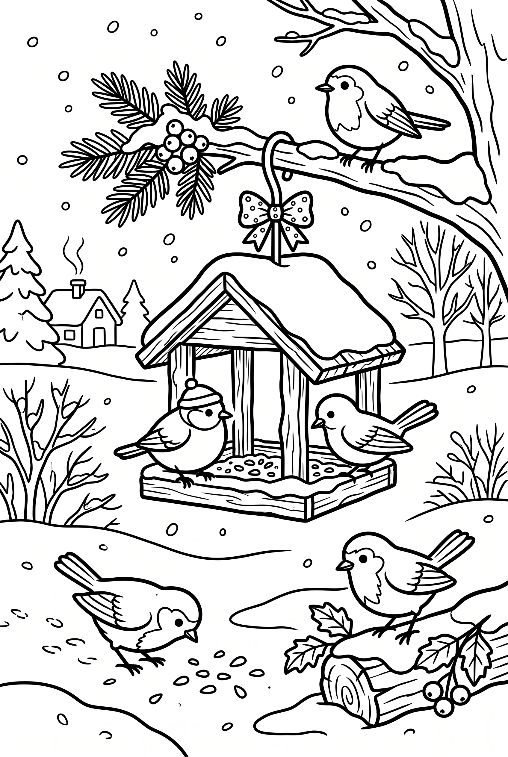 Birds at a winter bird feeder coloring page