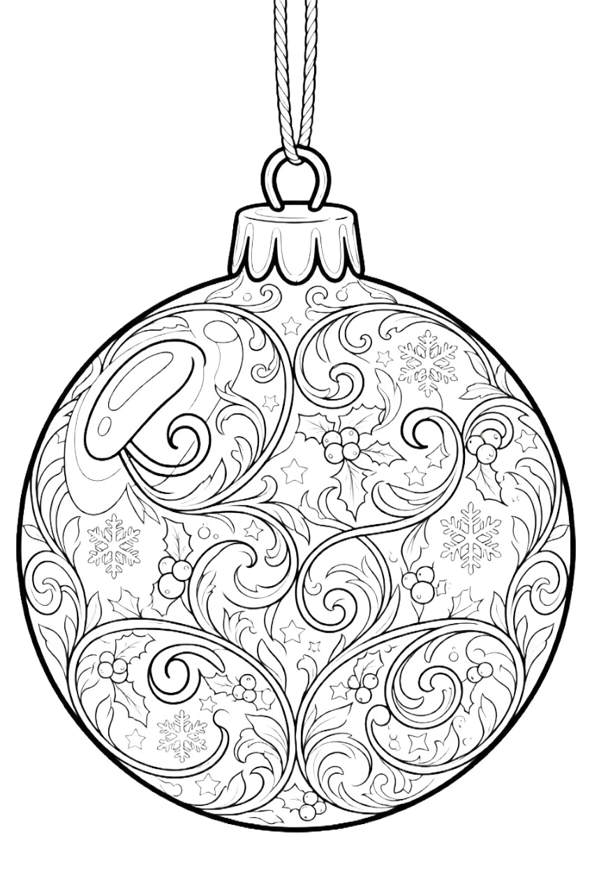 Coloring page of a shiny Christmas ornament in close-up