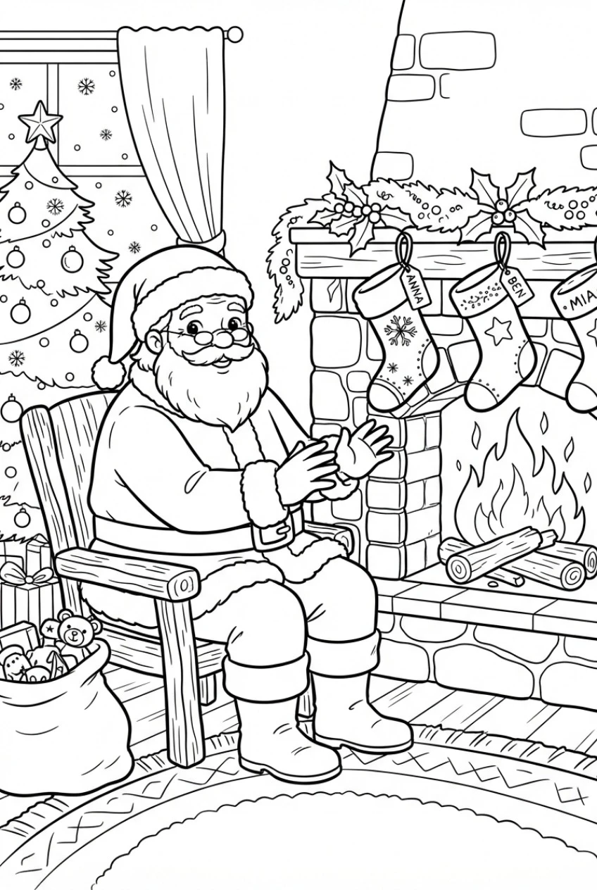 Santa by the fireplace coloring page free print