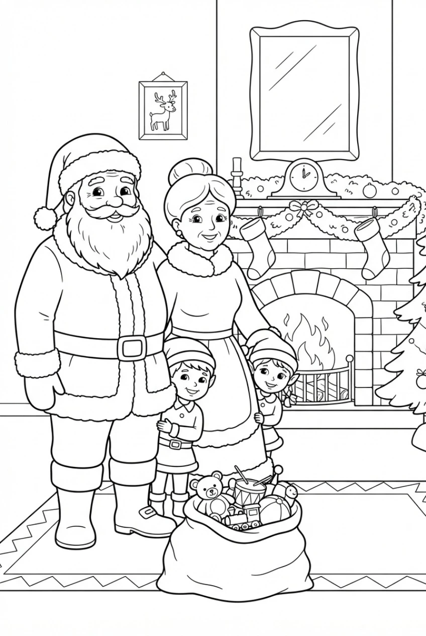 Weihnachtsmann-Familie mit Frau Weihnachten Ausmalbild kostenlos drucken