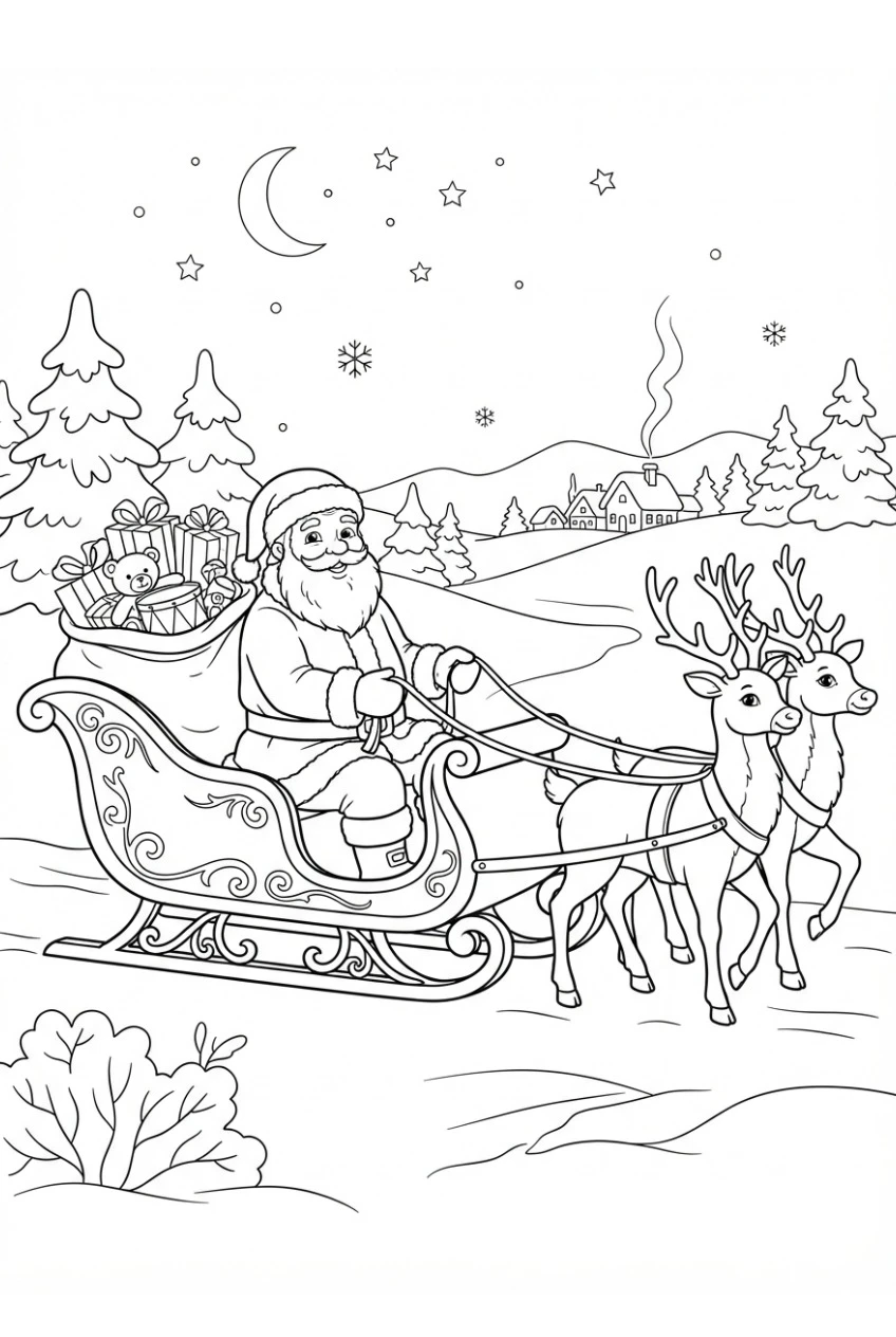 Santa in his sleigh coloring page free print