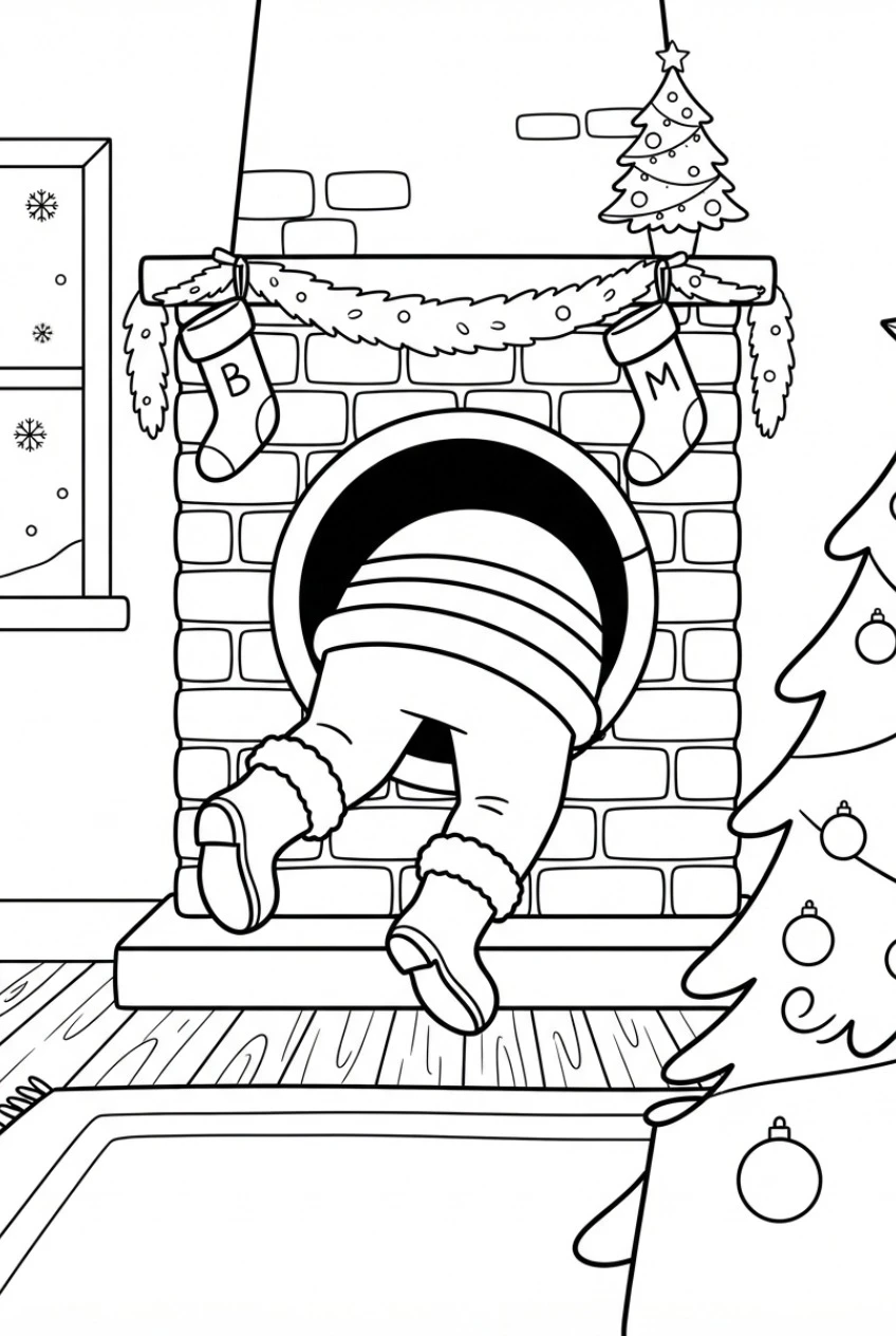 Santa climbs down the chimney coloring page free print