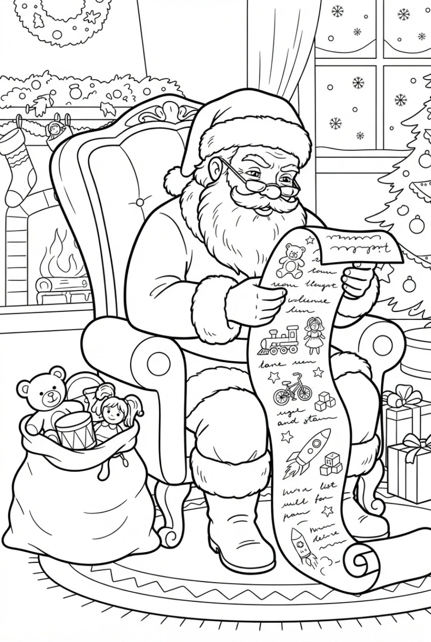 Weihnachtsmann liest Wunschzettel Ausmalbild kostenlos drucken