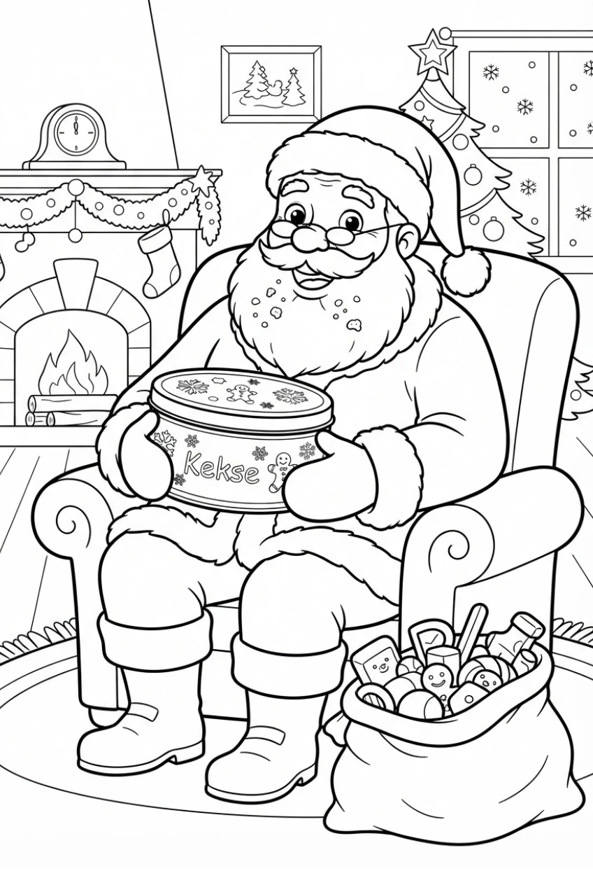 Santa with a cookie tin coloring page free print