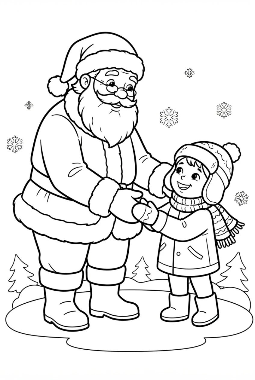 Santa holds a child's hand coloring page free print