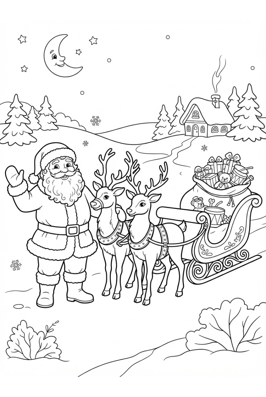 Weihnachtsmann mit Rentieren Ausmalbild kostenlos drucken