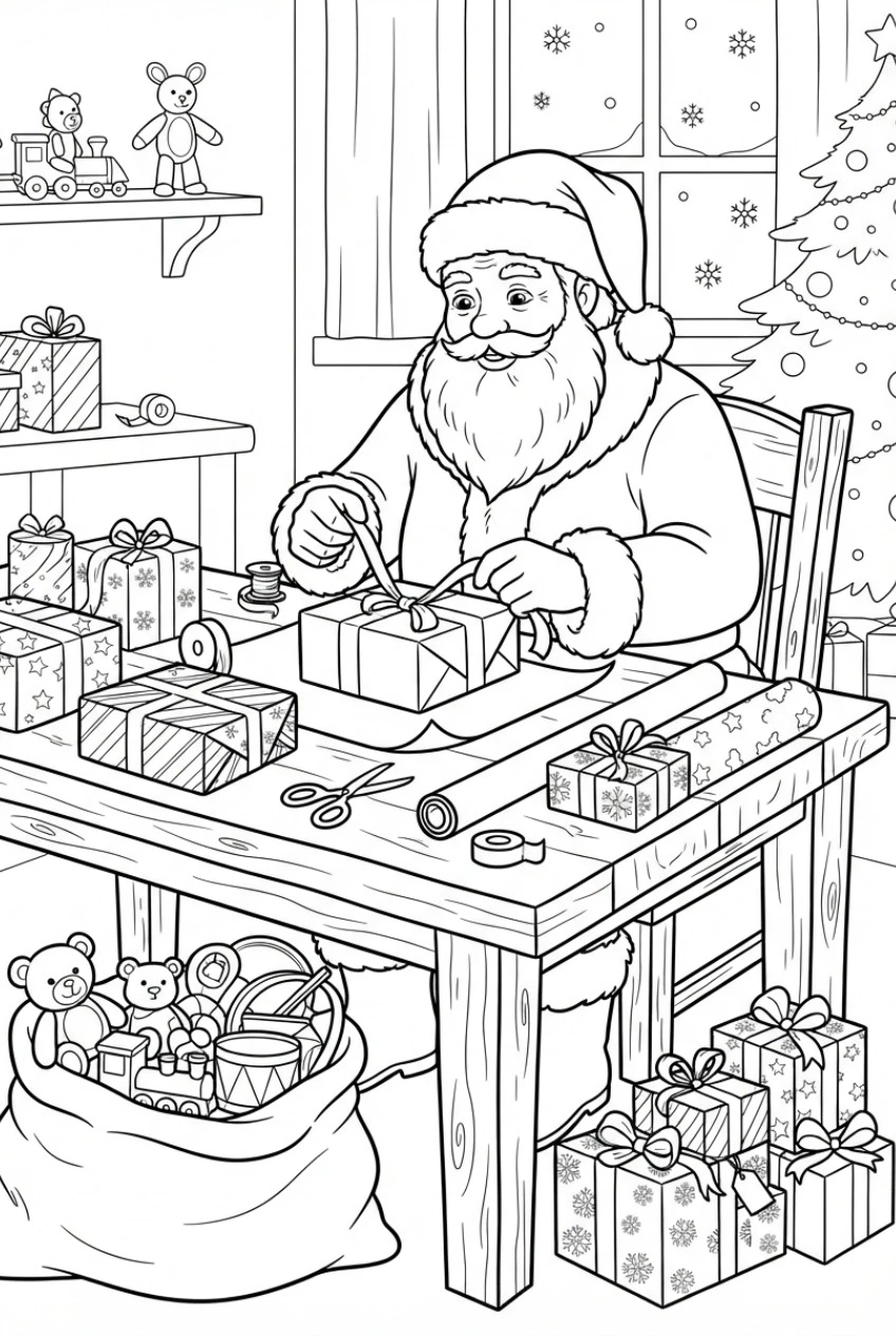 Santa wraps gifts coloring page free print