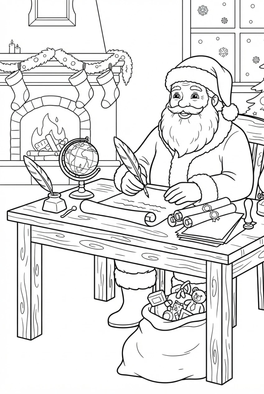 Weihnachtsmann schreibt am Schreibtisch Ausmalbild kostenlos drucken