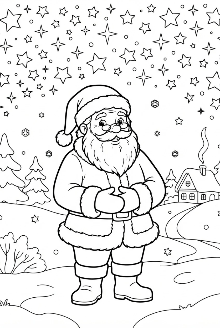 Santa under a starry sky coloring page free print