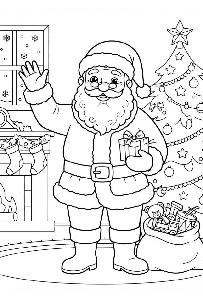 Weihnachtsmann winkt fröhlich Ausmalbild kostenlos drucken